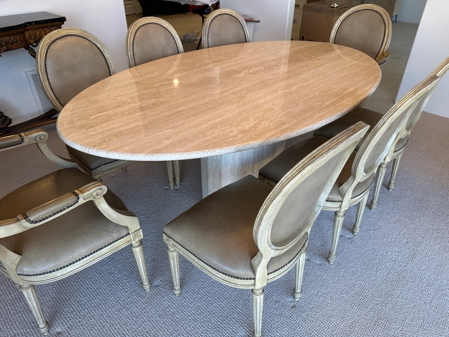 Stunning Italian Travertine Oval Dining Table With Travertine Pedestal Base By Stone International 78'L X 47'W X 29.5'H And Eight Kindel Grand Rapids Dining Chairs [Photo 3]