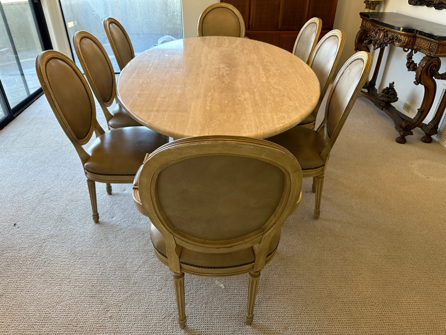 Stunning Italian Travertine Oval Dining Table With Travertine Pedestal Base By Stone International 78'L X 47'W X 29.5'H And Eight Kindel Grand Rapids Dining Chairs [Photo 8]