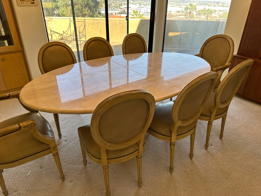 Stunning Italian Travertine Oval Dining Table With Travertine Pedestal Base By Stone International 78'L X 47'W X 29.5'H And Eight Kindel Grand Rapids Dining Chairs [Photo 10]