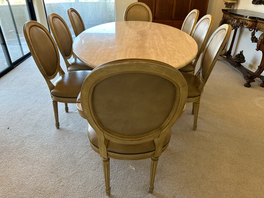 Stunning Italian Travertine Oval Dining Table With Travertine Pedestal Base By Stone International 78'L X 47'W X 29.5'H And Eight Kindel Grand Rapids Dining Chairs [Photo 7]