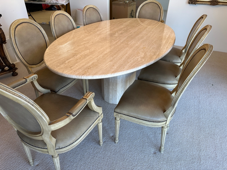 Stunning Italian Travertine Oval Dining Table With Travertine Pedestal Base By Stone International 78'L X 47'W X 29.5'H And Eight Kindel Grand Rapids Dining Chairs [Photo 4]
