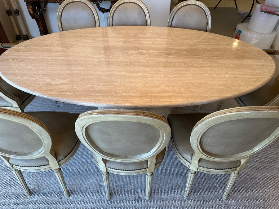 Stunning Italian Travertine Oval Dining Table With Travertine Pedestal Base By Stone International 78'L X 47'W X 29.5'H And Eight Kindel Grand Rapids Dining Chairs [Photo 6]