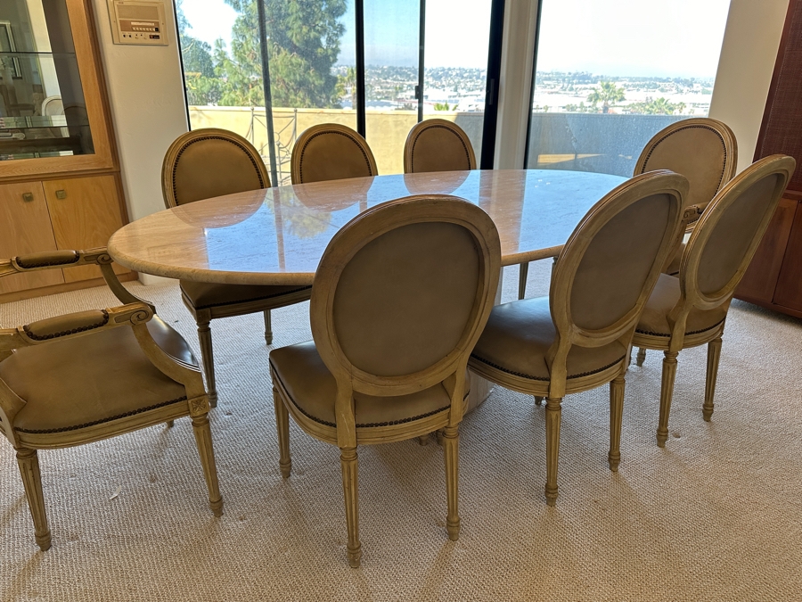 Stunning Italian Travertine Oval Dining Table With Travertine Pedestal Base By Stone International 78'L X 47'W X 29.5'H And Eight Kindel Grand Rapids Dining Chairs [Photo 9]