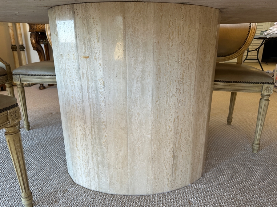 Stunning Italian Travertine Oval Dining Table With Travertine Pedestal Base By Stone International 78'L X 47'W X 29.5'H And Eight Kindel Grand Rapids Dining Chairs [Photo 11]