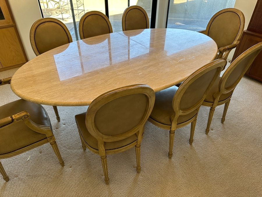 Stunning Italian Travertine Oval Dining Table With Travertine Pedestal Base By Stone International 78'L X 47'W X 29.5'H And Eight Kindel Grand Rapids Dining Chairs [Photo 2]