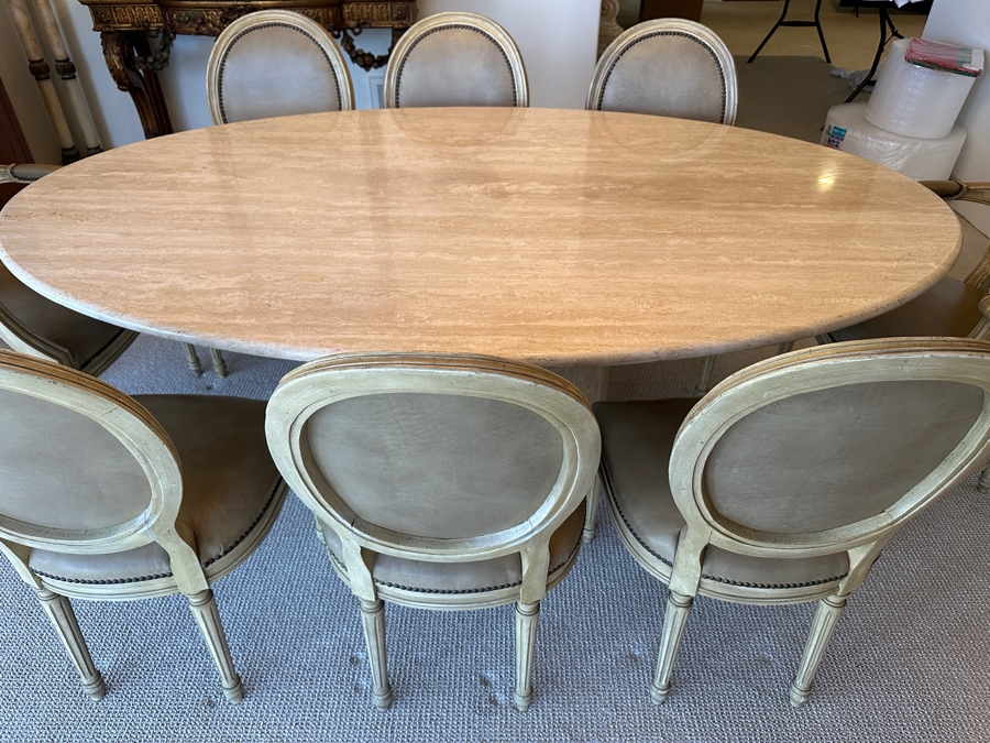 Stunning Italian Travertine Oval Dining Table With Travertine Pedestal Base By Stone International 78'L X 47'W X 29.5'H And Eight Kindel Grand Rapids Dining Chairs [Photo 5]