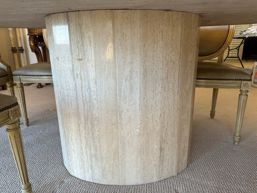 Stunning Italian Travertine Oval Dining Table With Travertine Pedestal Base By Stone International 78'L X 47'W X 29.5'H And Eight Kindel Grand Rapids Dining Chairs [Photo 12]
