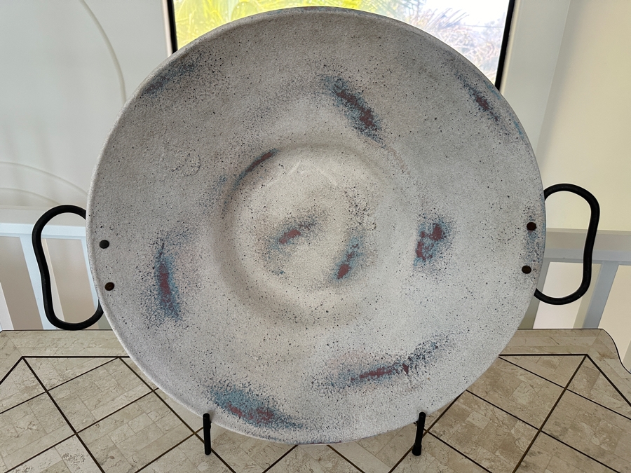 Artist Signed Studio Pottery 26.5W With Wrought Iron Stand [Photo 3]