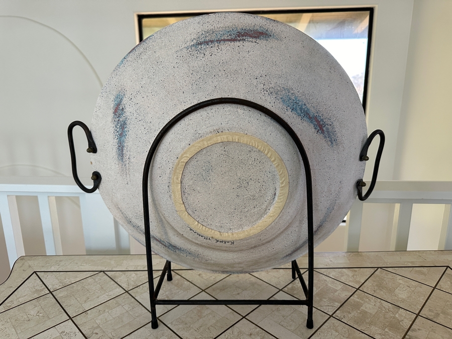 Artist Signed Studio Pottery 26.5W With Wrought Iron Stand [Photo 4]