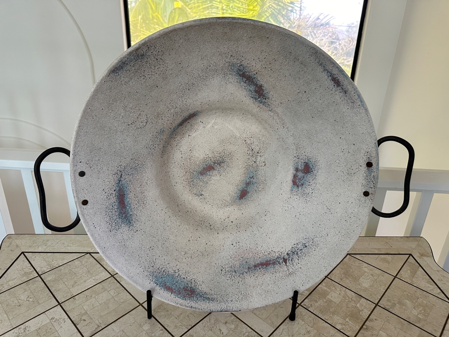 Artist Signed Studio Pottery 26.5W With Wrought Iron Stand [Photo 2]