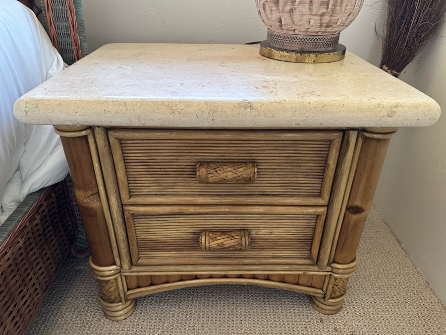 Pair Of Vintage Rattan Bamboo Nightstands With Travertine Marble Tops 26.5W X 19.5D X 22.5H [Photo 2]