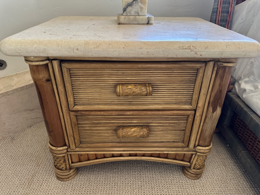Pair Of Vintage Rattan Bamboo Nightstands With Travertine Marble Tops 26.5W X 19.5D X 22.5H [Photo 5]