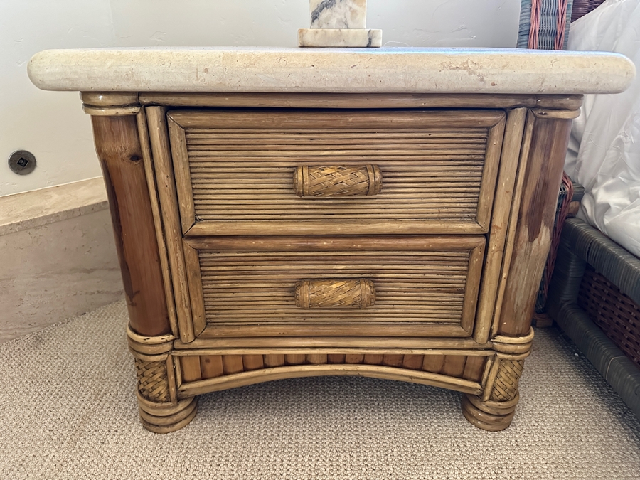 Pair Of Vintage Rattan Bamboo Nightstands With Travertine Marble Tops 26.5W X 19.5D X 22.5H [Photo 6]