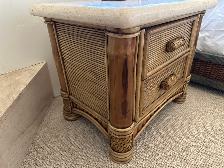Pair Of Vintage Rattan Bamboo Nightstands With Travertine Marble Tops 26.5W X 19.5D X 22.5H [Photo 8]
