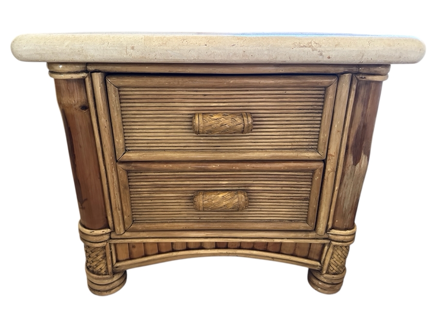 Pair Of Vintage Rattan Bamboo Nightstands With Travertine Marble Tops 26.5W X 19.5D X 22.5H [Photo 1]