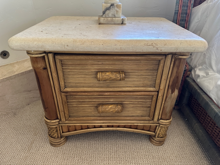 Pair Of Vintage Rattan Bamboo Nightstands With Travertine Marble Tops 26.5W X 19.5D X 22.5H [Photo 4]