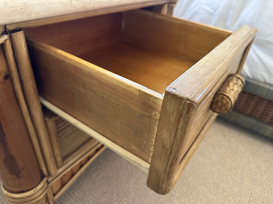 Pair Of Vintage Rattan Bamboo Nightstands With Travertine Marble Tops 26.5W X 19.5D X 22.5H [Photo 9]