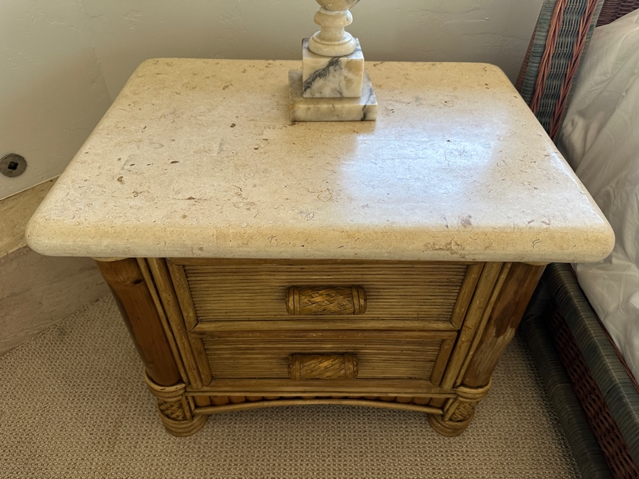 Pair Of Vintage Rattan Bamboo Nightstands With Travertine Marble Tops 26.5W X 19.5D X 22.5H [Photo 7]
