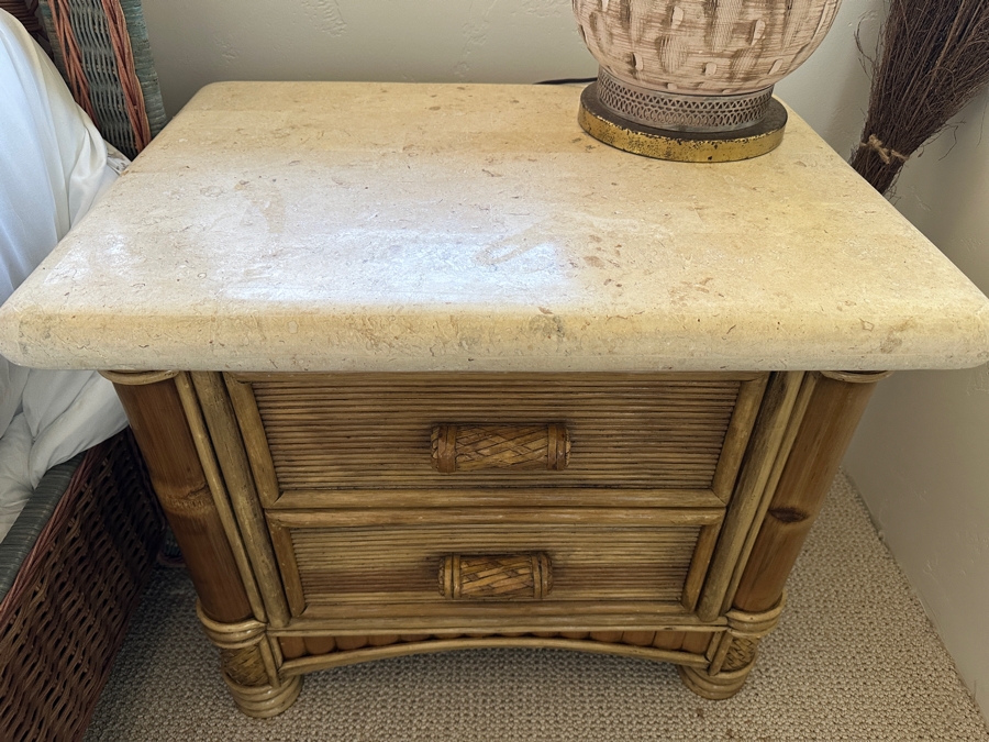 Pair Of Vintage Rattan Bamboo Nightstands With Travertine Marble Tops 26.5W X 19.5D X 22.5H [Photo 3]
