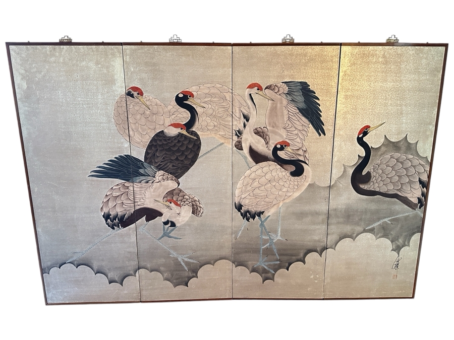 Vintage Japanese Edo Rinpa Style Silver Leaf Four Panel Byobu Screen Divider Featuring Seven Manchurian Cranes Standing In The Clouds 71.5W X 47.5H