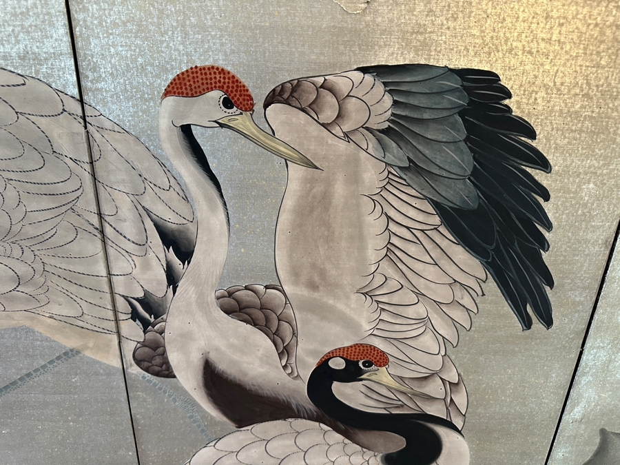 Vintage Japanese Edo Rinpa Style Silver Leaf Four Panel Byobu Screen Divider Featuring Seven Manchurian Cranes Standing In The Clouds 71.5W X 47.5H [Photo 4]