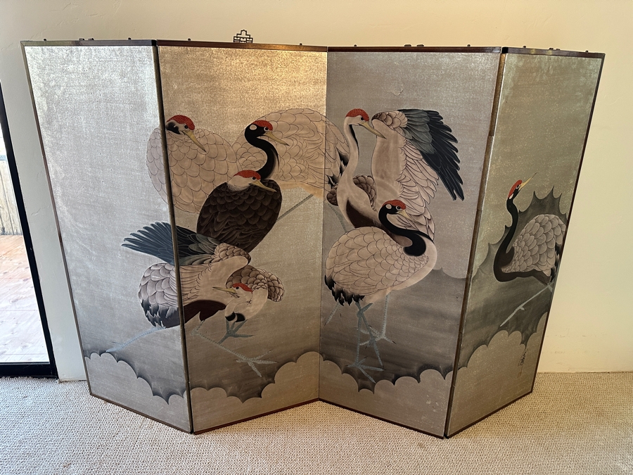 Vintage Japanese Edo Rinpa Style Silver Leaf Four Panel Byobu Screen Divider Featuring Seven Manchurian Cranes Standing In The Clouds 71.5W X 47.5H [Photo 2]