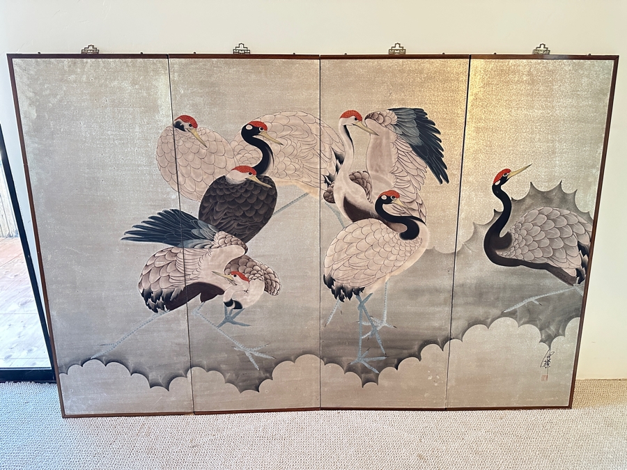 Vintage Japanese Edo Rinpa Style Silver Leaf Four Panel Byobu Screen Divider Featuring Seven Manchurian Cranes Standing In The Clouds 71.5W X 47.5H [Photo 3]