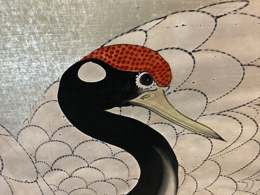 Vintage Japanese Edo Rinpa Style Silver Leaf Four Panel Byobu Screen Divider Featuring Seven Manchurian Cranes Standing In The Clouds 71.5W X 47.5H [Photo 6]