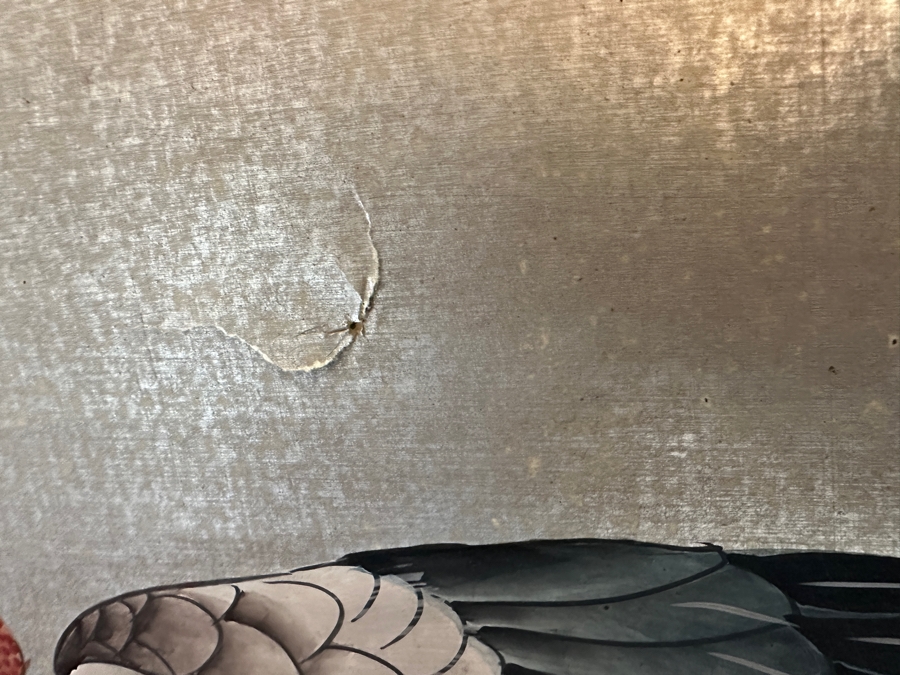 Vintage Japanese Edo Rinpa Style Silver Leaf Four Panel Byobu Screen Divider Featuring Seven Manchurian Cranes Standing In The Clouds 71.5W X 47.5H [Photo 8]