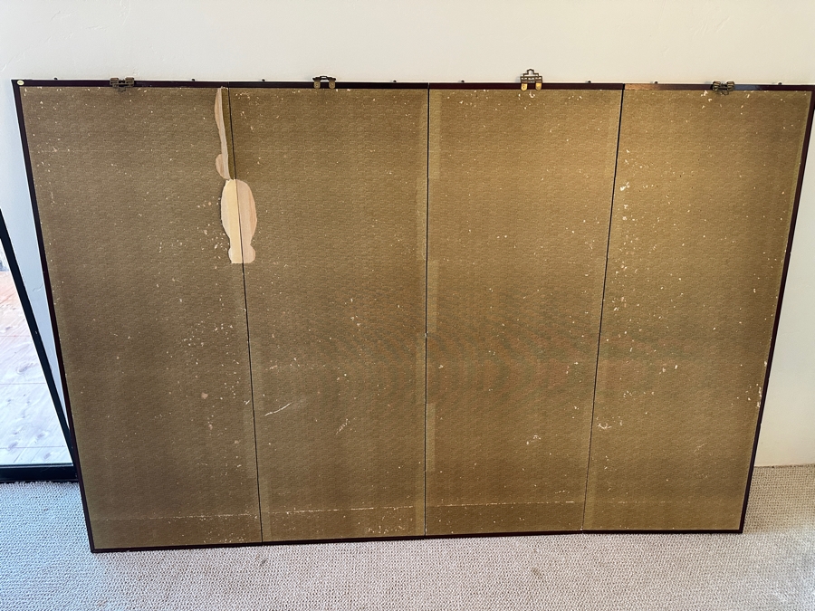 Vintage Japanese Edo Rinpa Style Silver Leaf Four Panel Byobu Screen Divider Featuring Seven Manchurian Cranes Standing In The Clouds 71.5W X 47.5H [Photo 18]