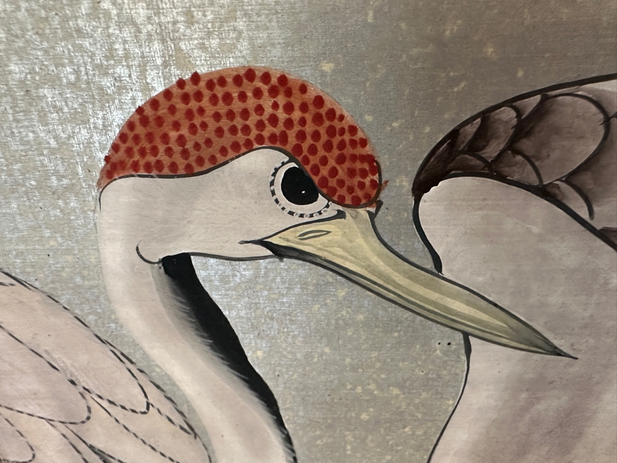 Vintage Japanese Edo Rinpa Style Silver Leaf Four Panel Byobu Screen Divider Featuring Seven Manchurian Cranes Standing In The Clouds 71.5W X 47.5H [Photo 5]