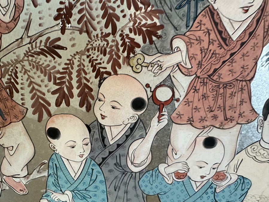 Stunning Japanese Six Panel Byobu Screen Room Divider Featuring Children At Play 93W X 83.5H [Photo 9]