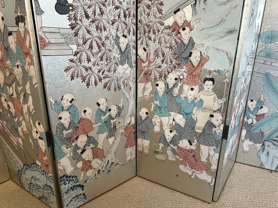 Stunning Japanese Six Panel Byobu Screen Room Divider Featuring Children At Play 93W X 83.5H [Photo 8]