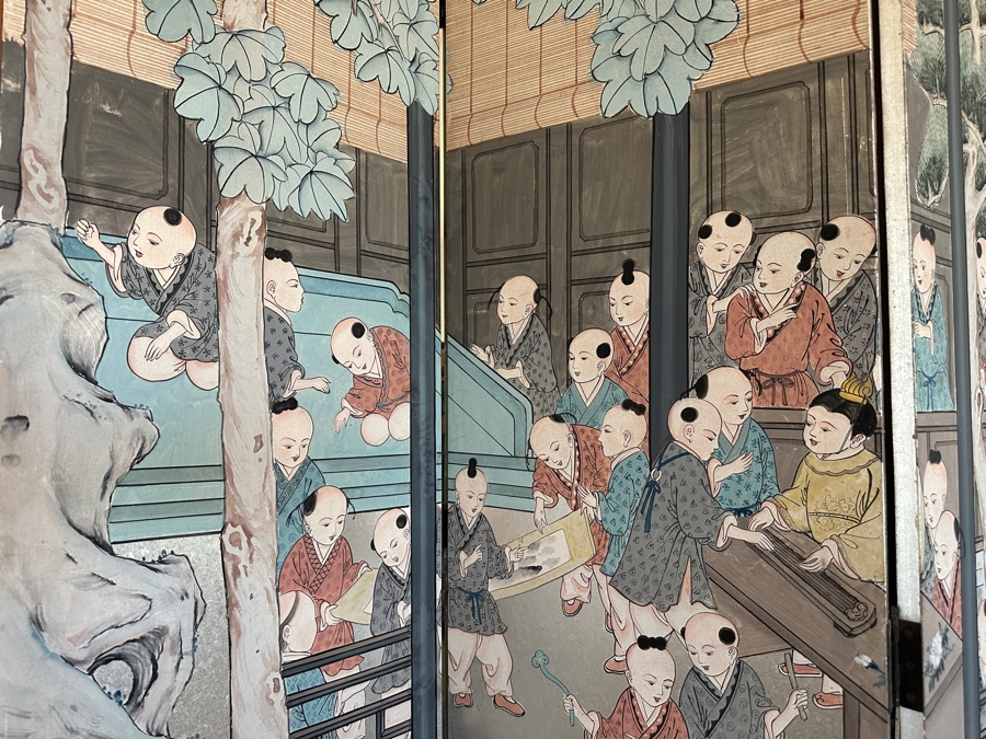 Stunning Japanese Six Panel Byobu Screen Room Divider Featuring Children At Play 93W X 83.5H [Photo 14]