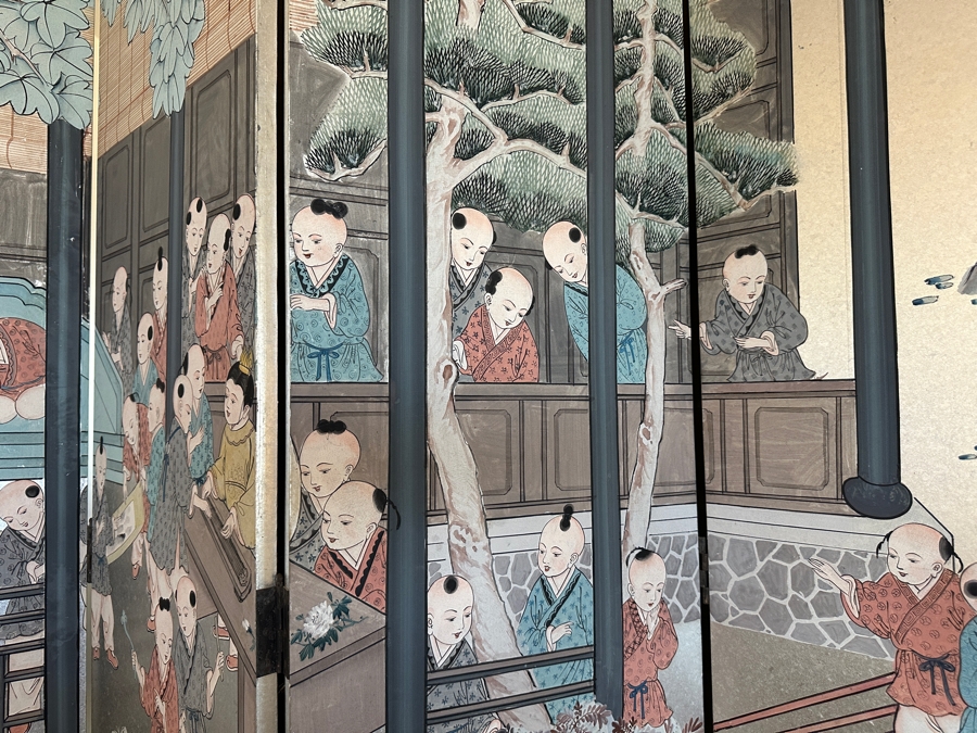 Stunning Japanese Six Panel Byobu Screen Room Divider Featuring Children At Play 93W X 83.5H [Photo 11]