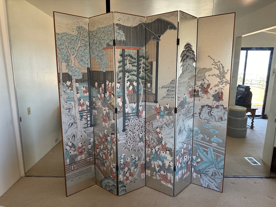 Stunning Japanese Six Panel Byobu Screen Room Divider Featuring Children At Play 93W X 83.5H [Photo 2]