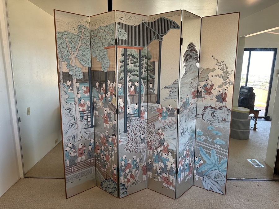 Stunning Japanese Six Panel Byobu Screen Room Divider Featuring Children At Play 93W X 83.5H [Photo 3]