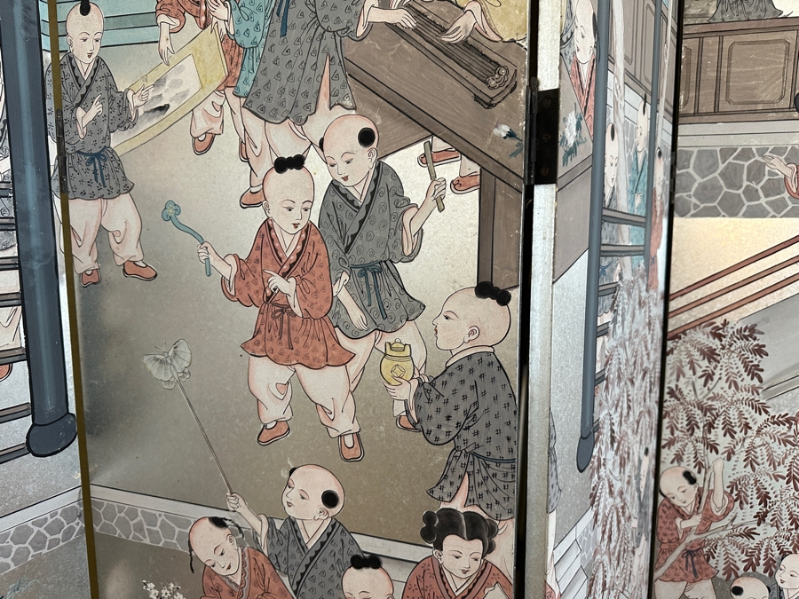 Stunning Japanese Six Panel Byobu Screen Room Divider Featuring Children At Play 93W X 83.5H [Photo 15]