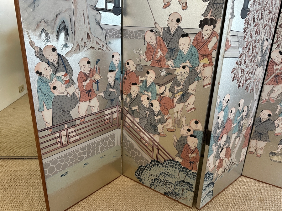 Stunning Japanese Six Panel Byobu Screen Room Divider Featuring Children At Play 93W X 83.5H [Photo 16]