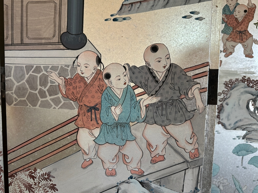 Stunning Japanese Six Panel Byobu Screen Room Divider Featuring Children At Play 93W X 83.5H [Photo 10]