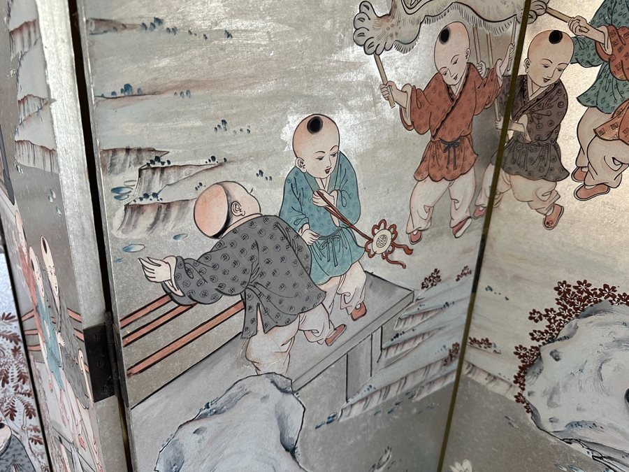 Stunning Japanese Six Panel Byobu Screen Room Divider Featuring Children At Play 93W X 83.5H [Photo 5]