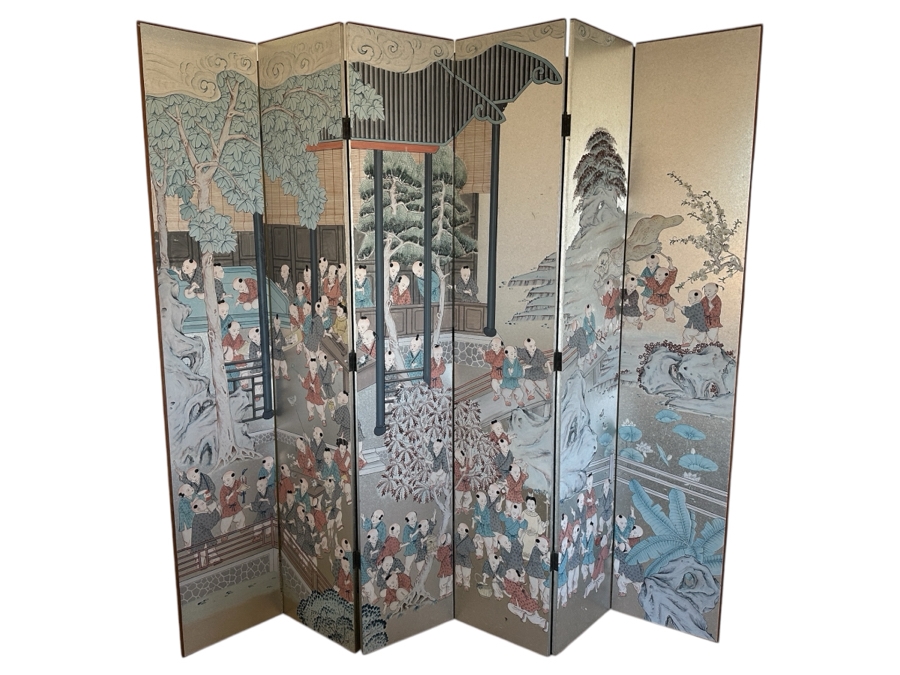 Stunning Japanese Six Panel Byobu Screen Room Divider Featuring Children At Play 93W X 83.5H