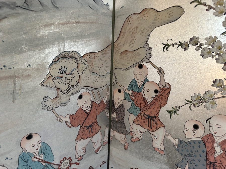 Stunning Japanese Six Panel Byobu Screen Room Divider Featuring Children At Play 93W X 83.5H [Photo 4]