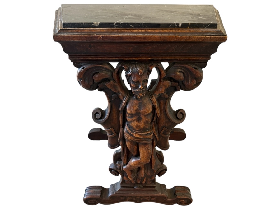 Stunning Carved Side Table With Black Marble Top 23W X 14D X 23H [Photo 2]