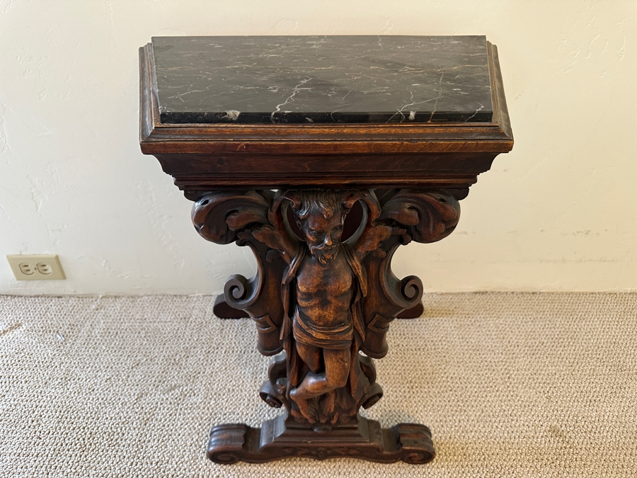 Stunning Carved Side Table With Black Marble Top 23W X 14D X 23H [Photo 5]