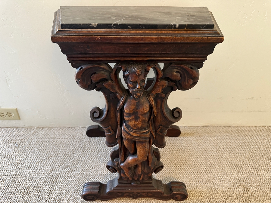 Stunning Carved Side Table With Black Marble Top 23W X 14D X 23H [Photo 6]