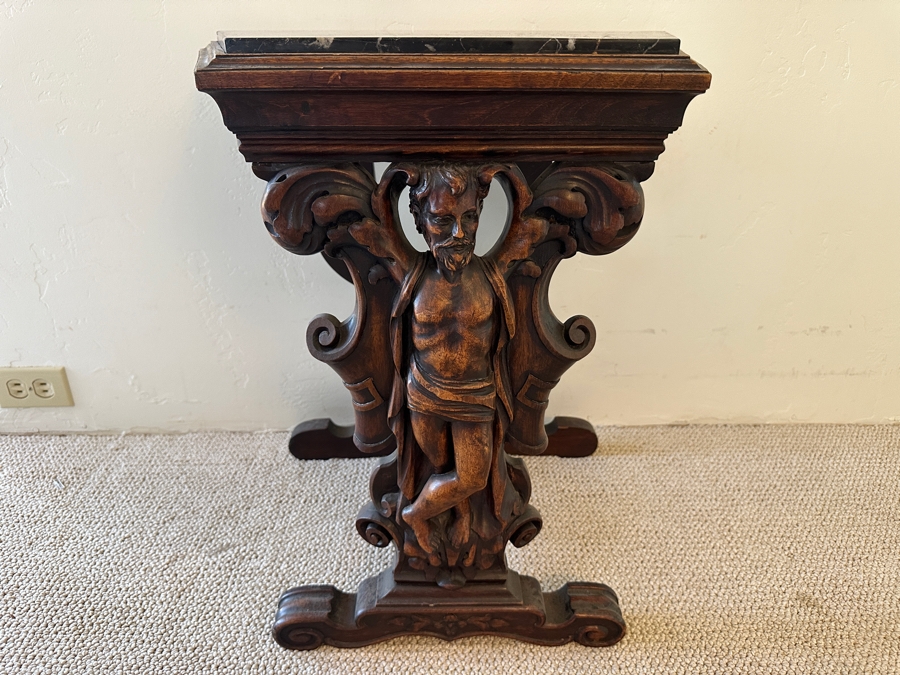 Stunning Carved Side Table With Black Marble Top 23W X 14D X 23H [Photo 4]