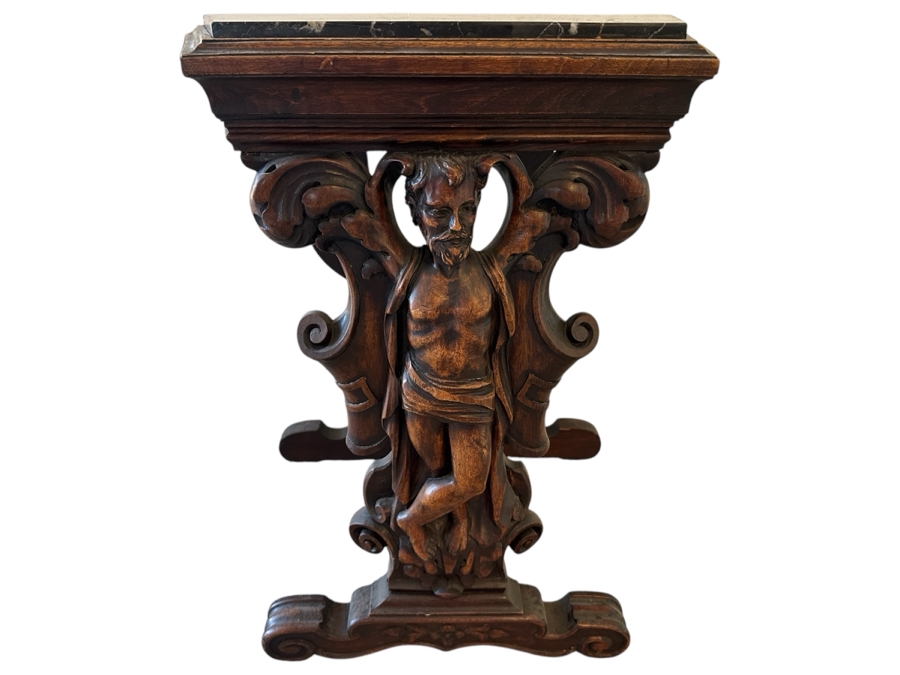 Stunning Carved Side Table With Black Marble Top 23W X 14D X 23H