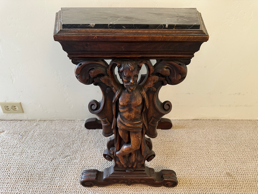 Stunning Carved Side Table With Black Marble Top 23W X 14D X 23H [Photo 3]
