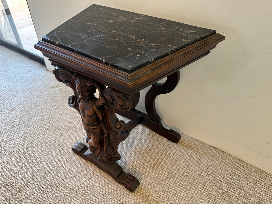 Stunning Carved Side Table With Black Marble Top 23W X 14D X 23H [Photo 9]